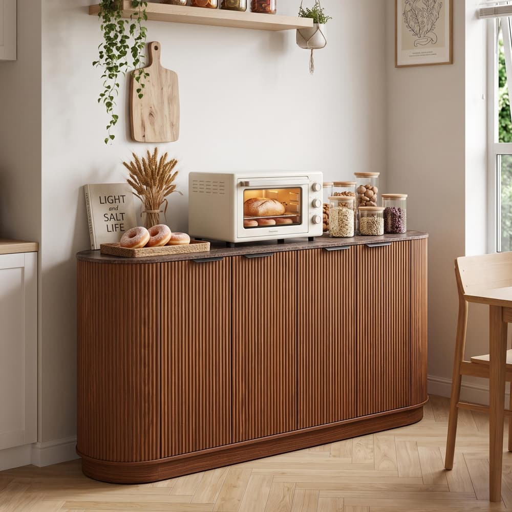 Walnut 59” Modern Wood Fluted Sideboard Curved Credenza with 4 Doors & Adjustable Shelves
