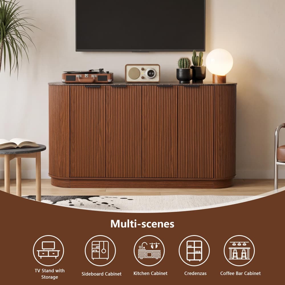 Walnut 59” Modern Wood Fluted Sideboard Curved Credenza with 4 Doors & Adjustable Shelves