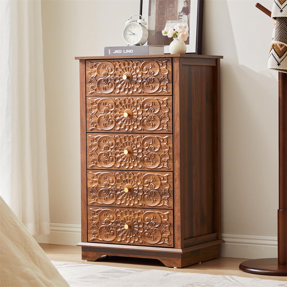 Walnut 5 Drawer Dresser Slim Small Wooden Storage Cabinet with Carved Floral Front and Gold Handles