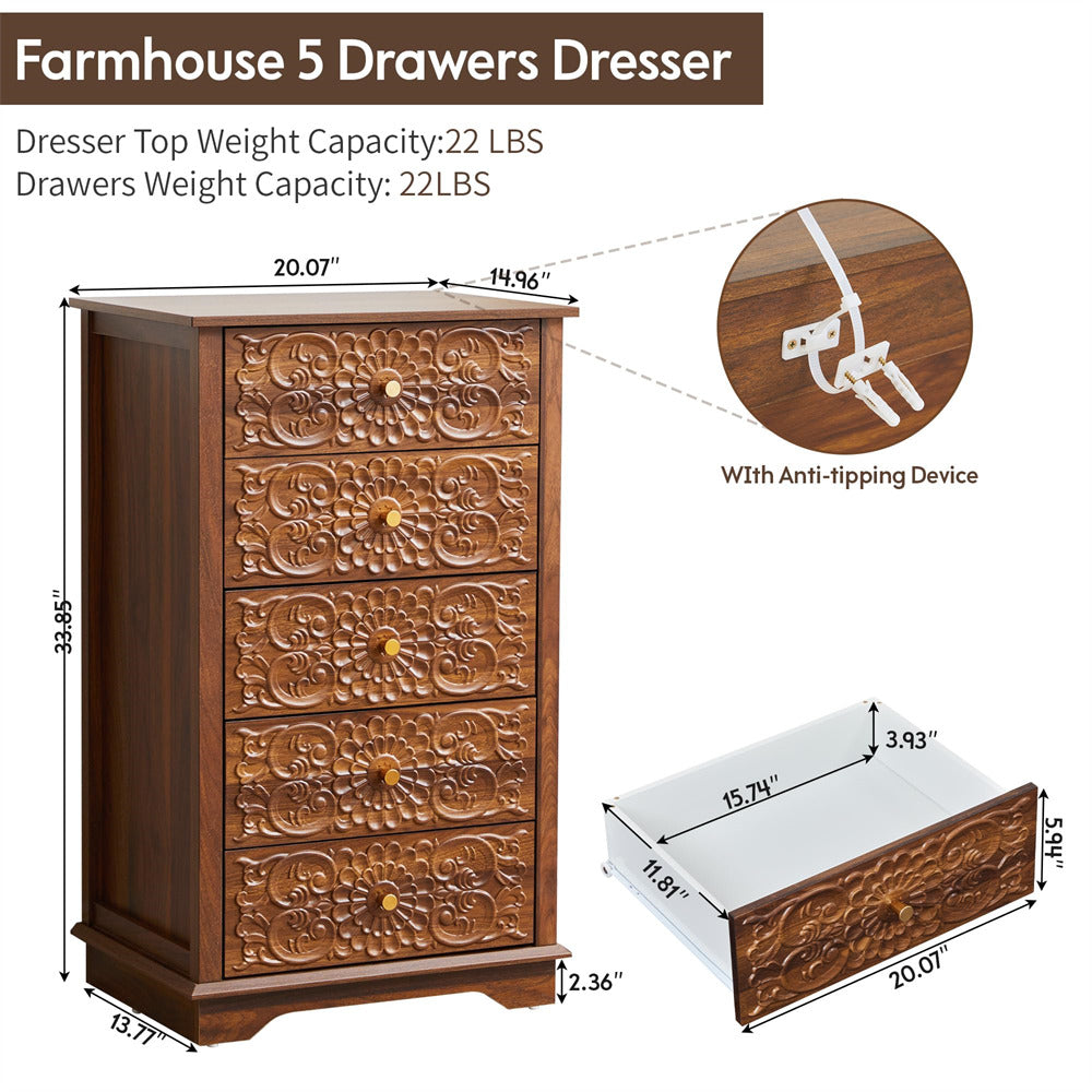 Walnut 5 Drawer Dresser Slim Small Wooden Storage Cabinet with Carved Floral Front and Gold Handles