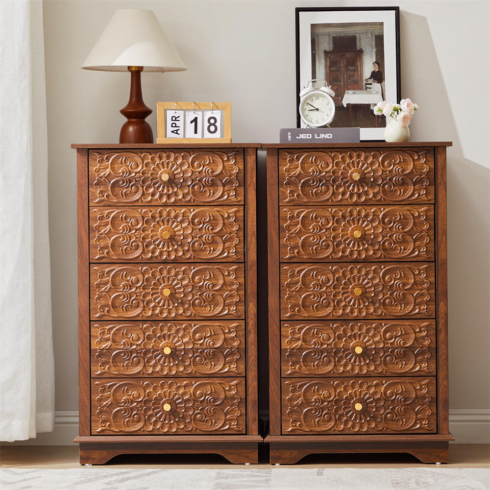 Walnut 5 Drawer Dresser Slim Small Wooden Storage Cabinet with Carved Floral Front and Gold Handles
