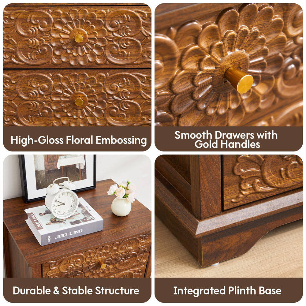 Walnut 5 Drawer Dresser Slim Small Wooden Storage Cabinet with Carved Floral Front and Gold Handles