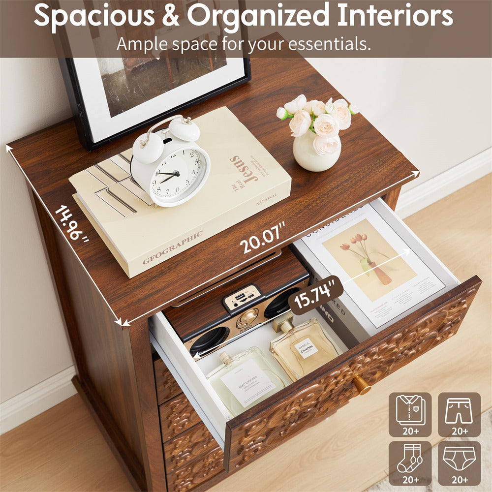Wooden nightstand with open drawer displaying items, text about spacious and organized interiors.