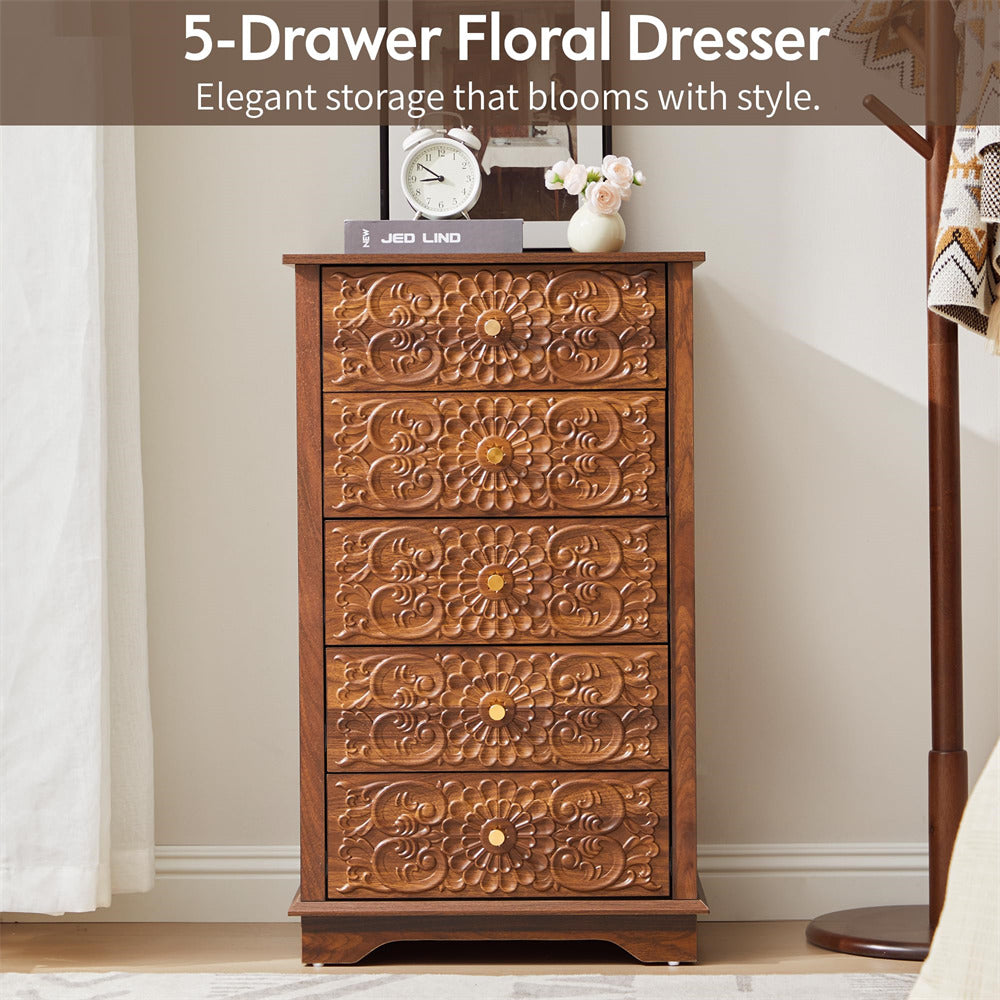 Wooden 5-drawer dresser with floral patterns in a room setting.