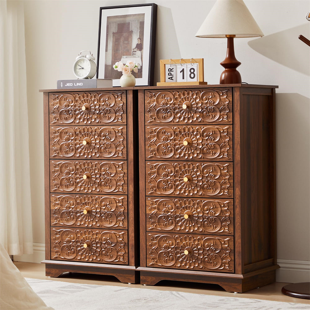 Wooden dresser with intricate carvings in a room setting