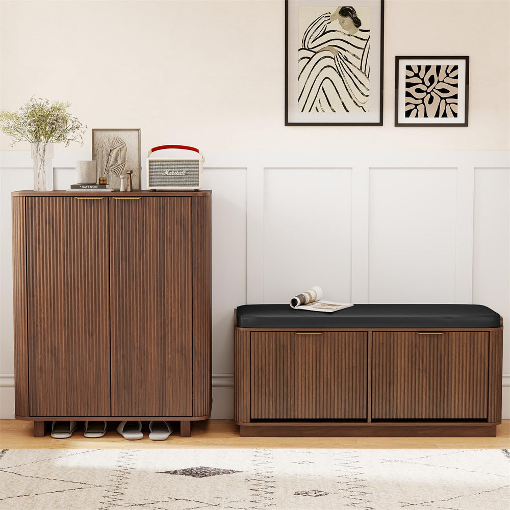 Wooden 5 Tier shoe cabinet with bench against a white wall with decorative frames.