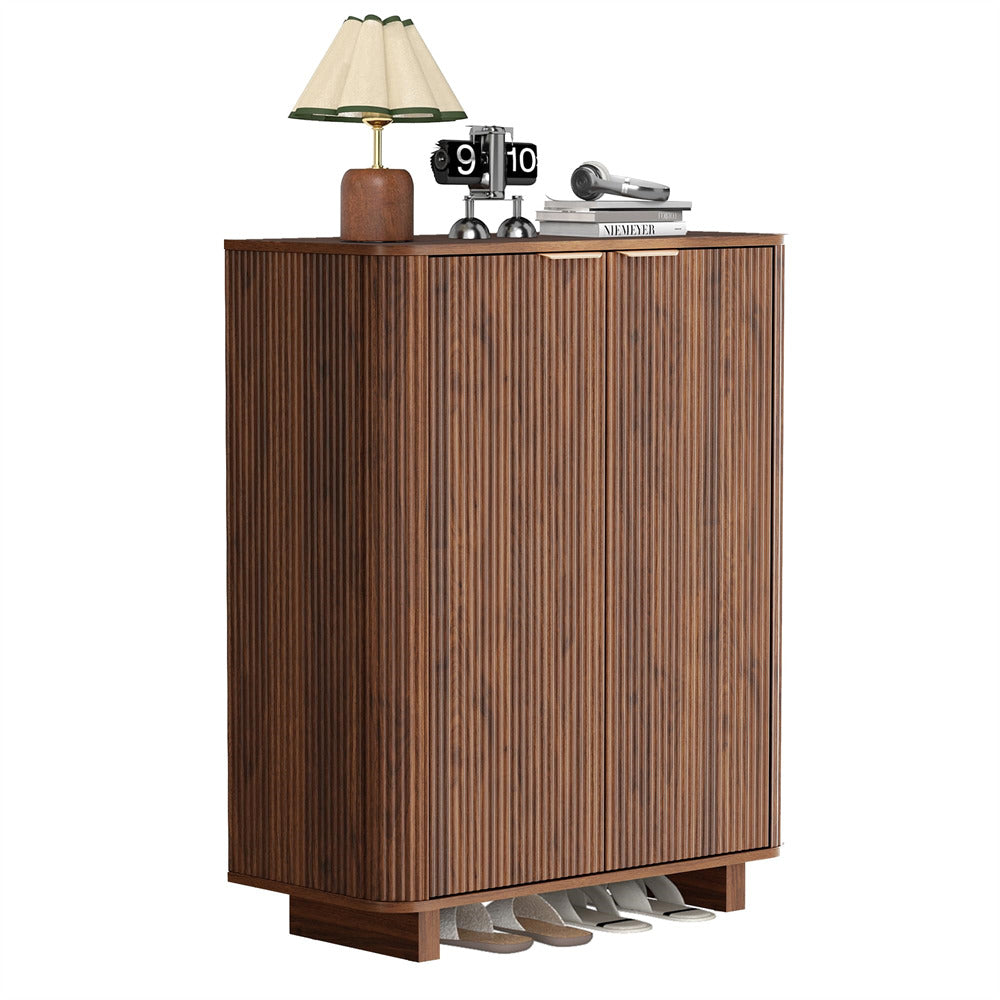 Walnut 5 Tier 39'' Tall Freestanding Modern Fluted Entryway Shoe Cabinet with 3 Adjustable Shelves