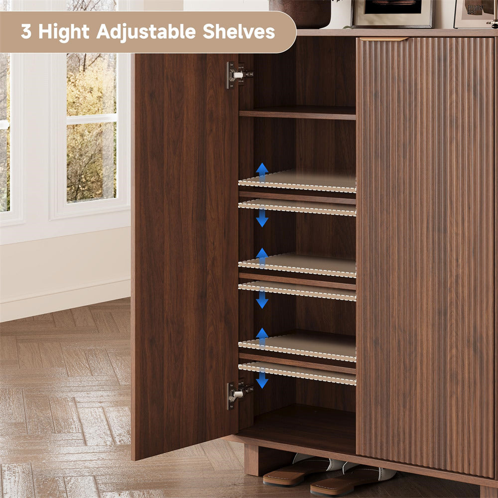 Wooden 5 Tier cabinet with adjustable shelves in a room with a window.