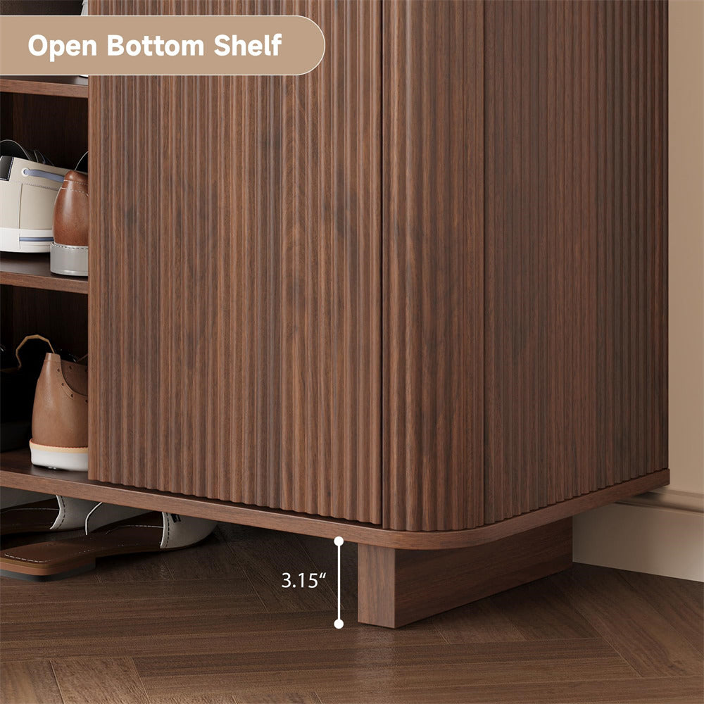 Wooden 5 Tier shoe cabinet with open bottom shelf showing height measurement