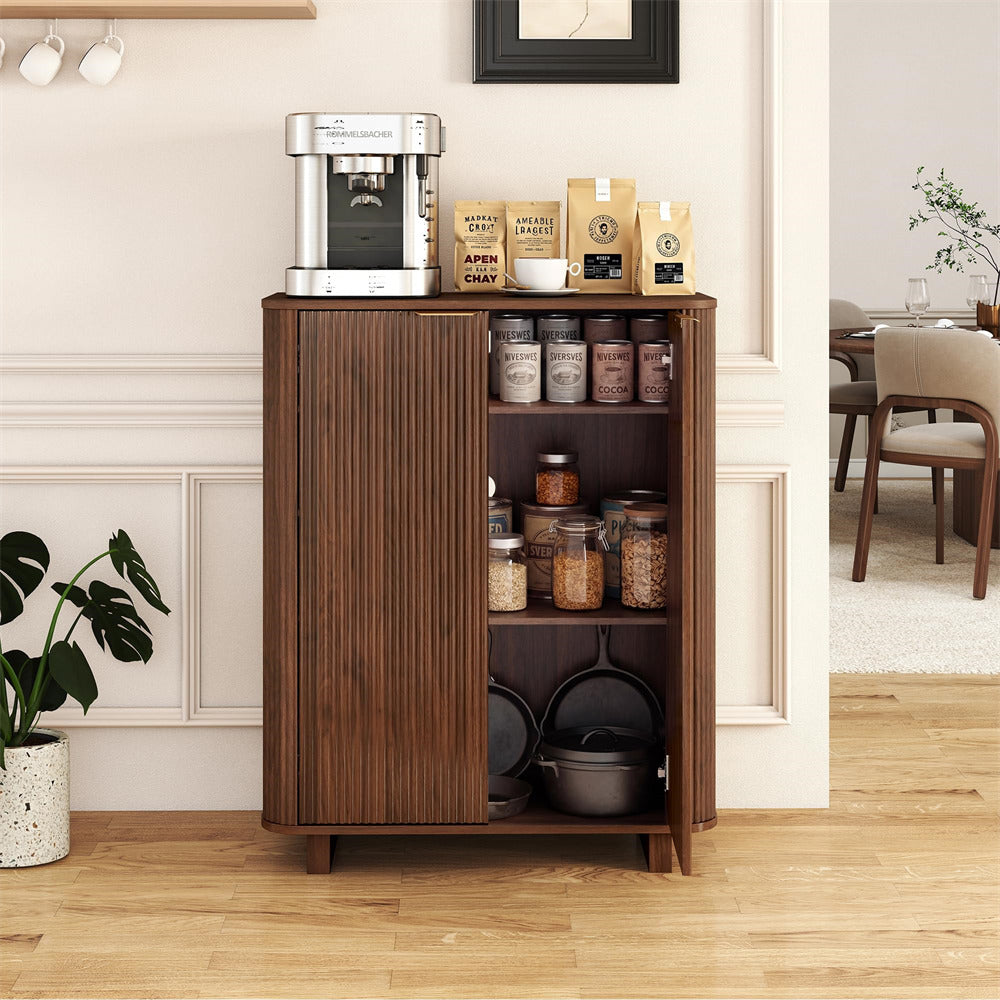 Wooden kitchen cabinet with coffee maker and supplies on a wooden floor.