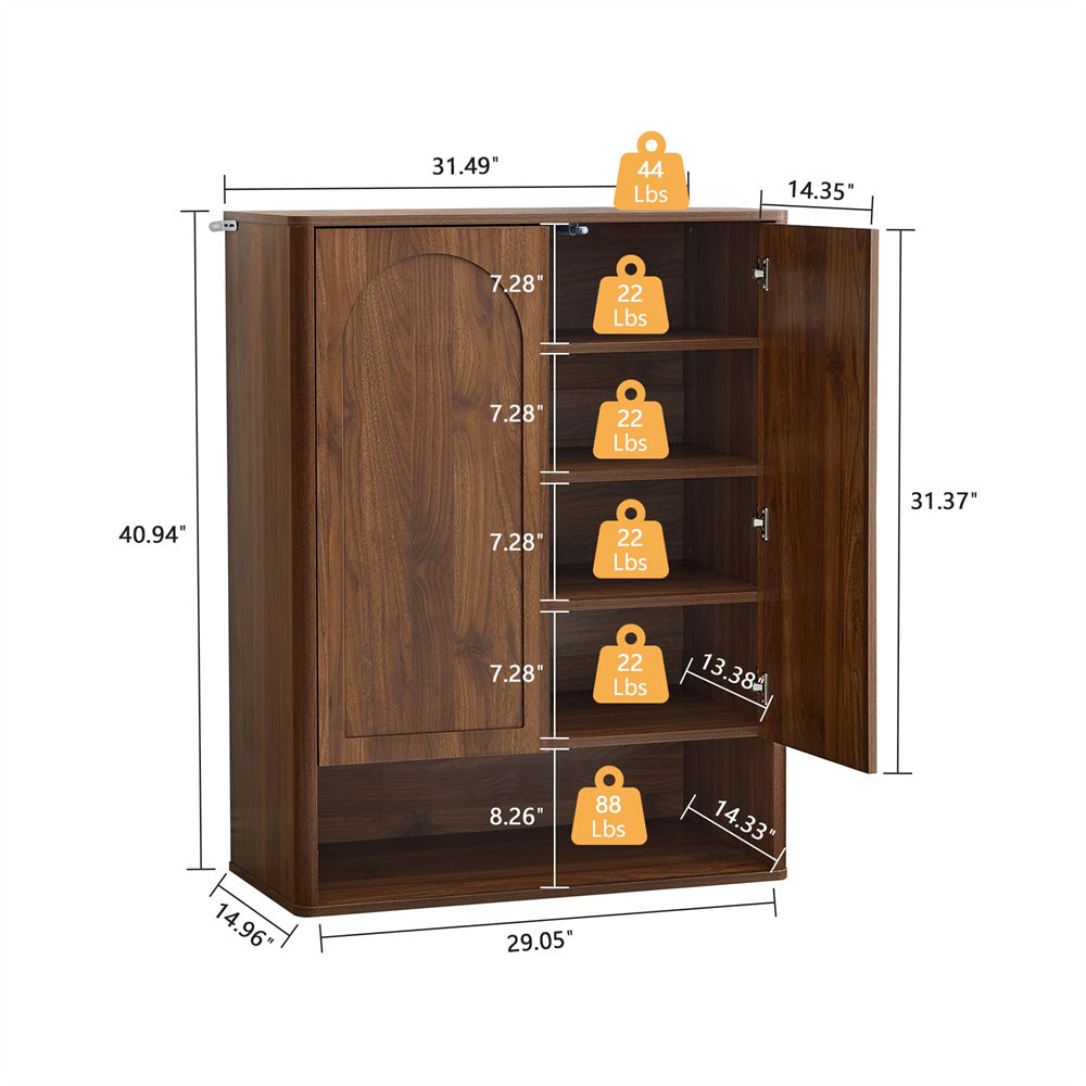 Walnut 5 Tier Wooden Shoe Storage Organizer Cabinet with Adjustable Shelves