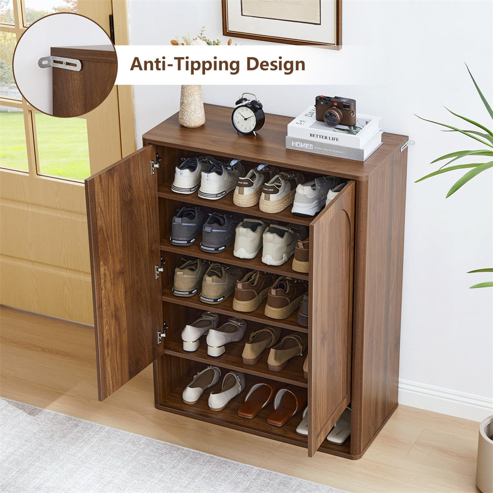 Walnut 5 Tier Wooden Shoe Storage Organizer Cabinet with Adjustable Shelves