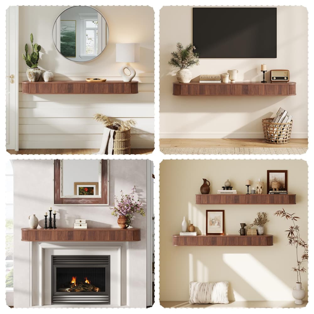 Walnut 60" Fluted Wood Wall Mounted Fireplace Mantel Shelf Floating Shelves