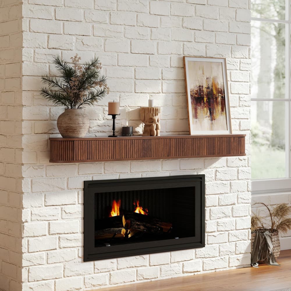 Walnut 60" Fluted Wood Wall Mounted Fireplace Mantel Shelf Floating Shelves