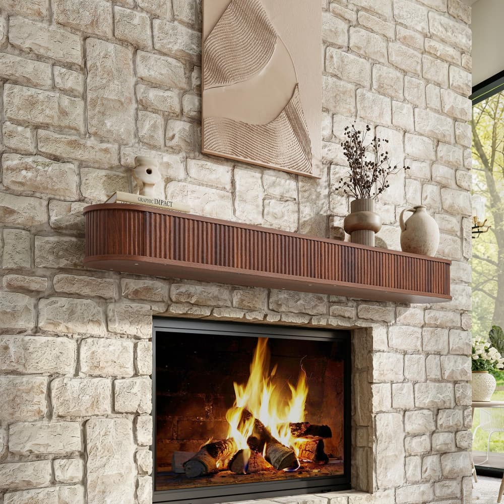 Walnut 60" Fluted Wood Wall Mounted Fireplace Mantel Shelf Floating Shelves