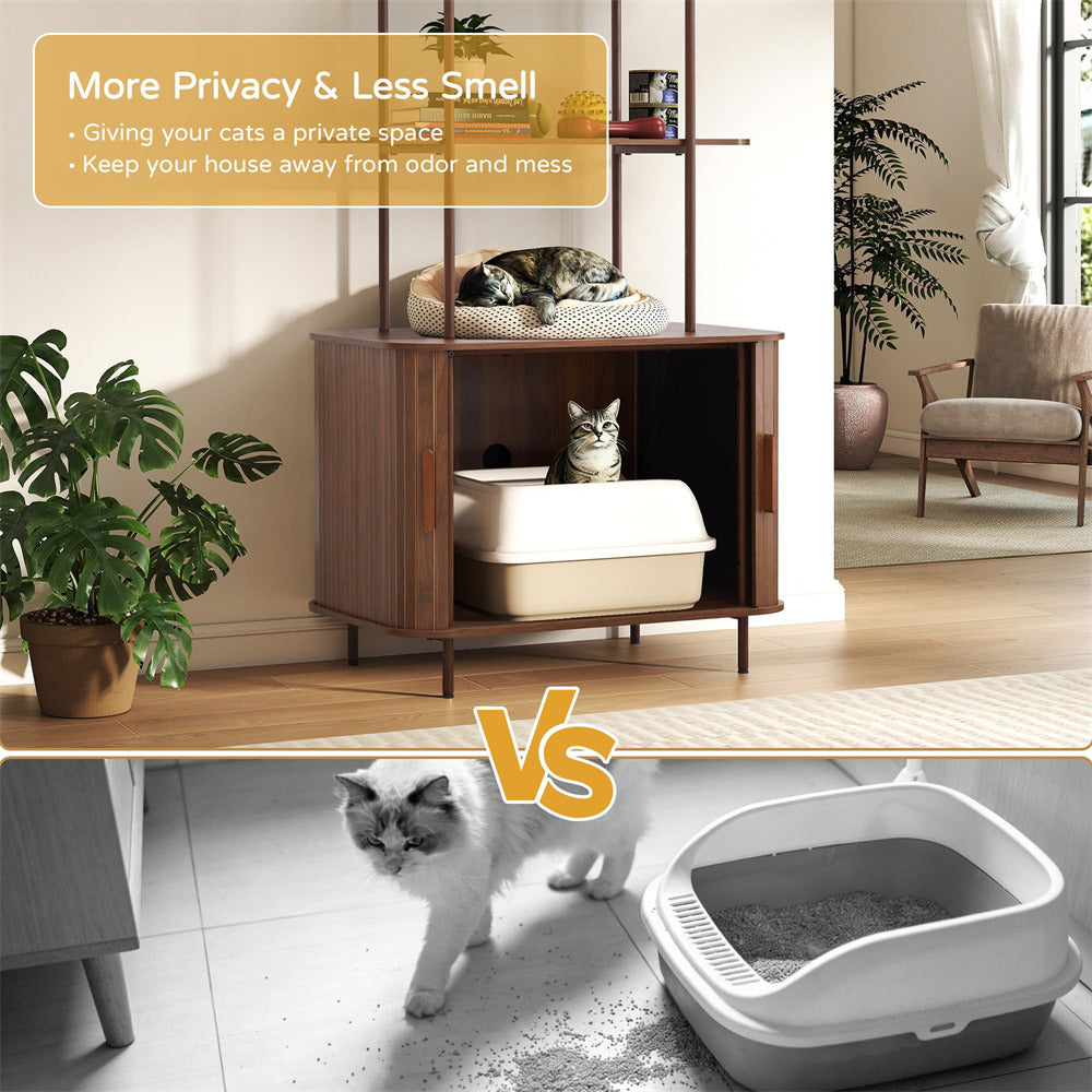 Cat litter box with wooden cabinet and cat sitting on a shelf, with text about privacy and smell.