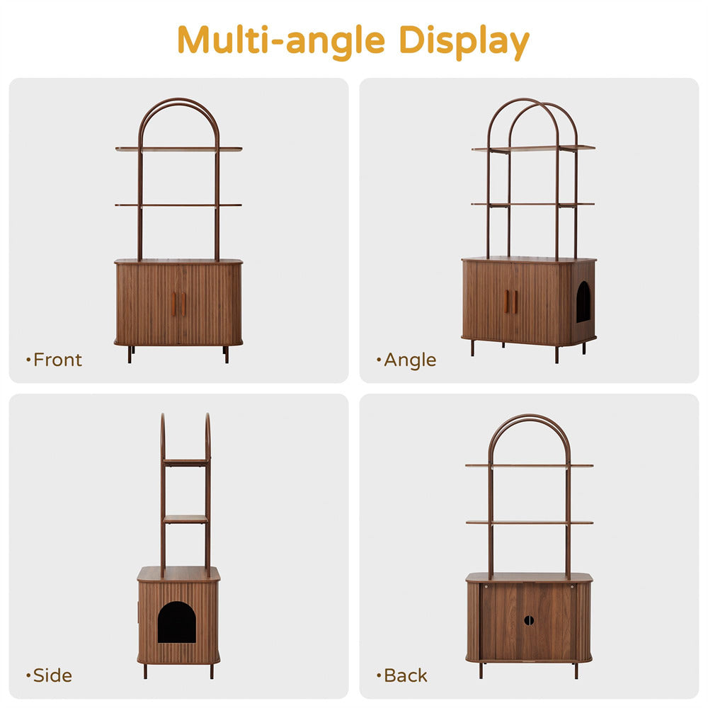 Walnut 63" Arched Large Hidden Fluted Cat Litter Box Cabinet with 2-Tier Storage Shelves