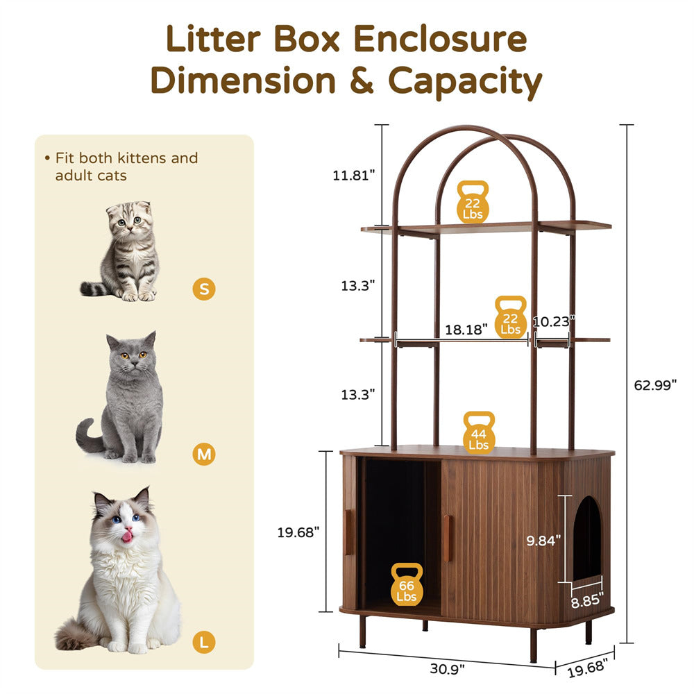 Cat litter box enclosure with dimensions and capacity details, featuring three cat illustrations.