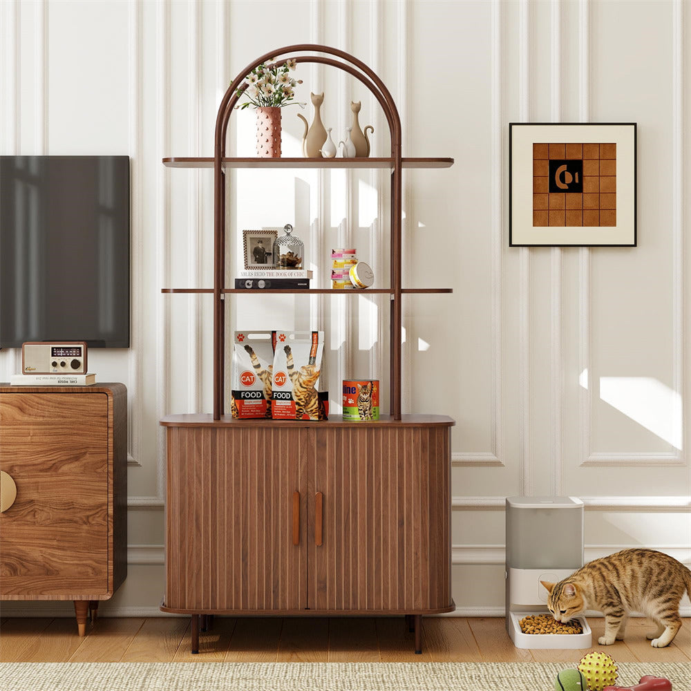 Wooden display cabinet with decorative items in a living room setting.
