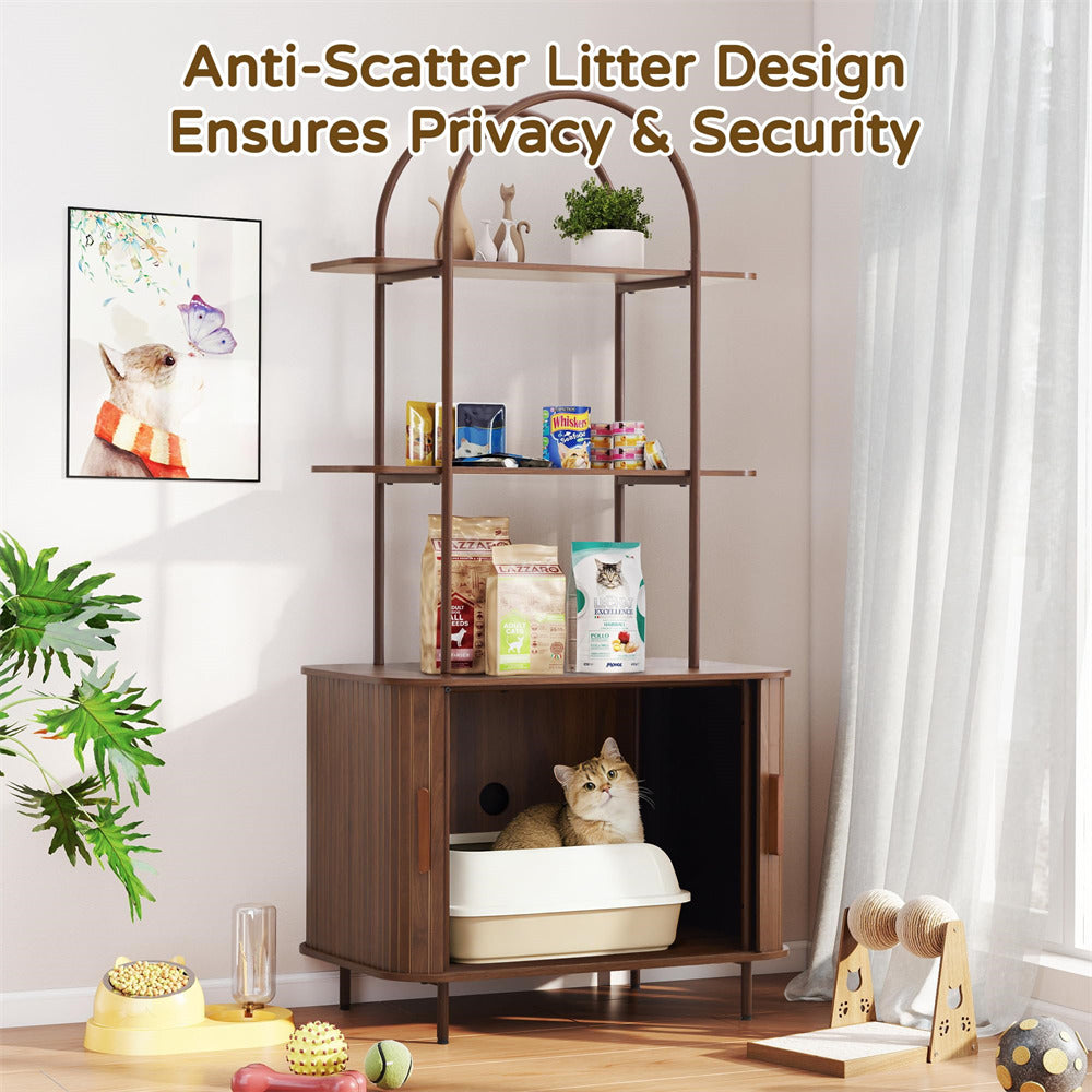 Cat litter box integrated into a wooden cabinet with shelves, surrounded by pet toys and accessories.