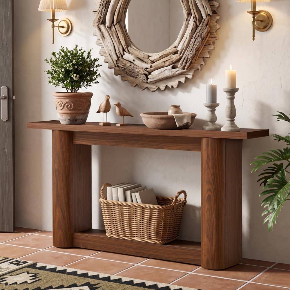 A medium brown wooden console table styled in a warm, rustic entryway. The table features a thick rectangular top and legs with an open lower shelf holding a wicker basket of books.