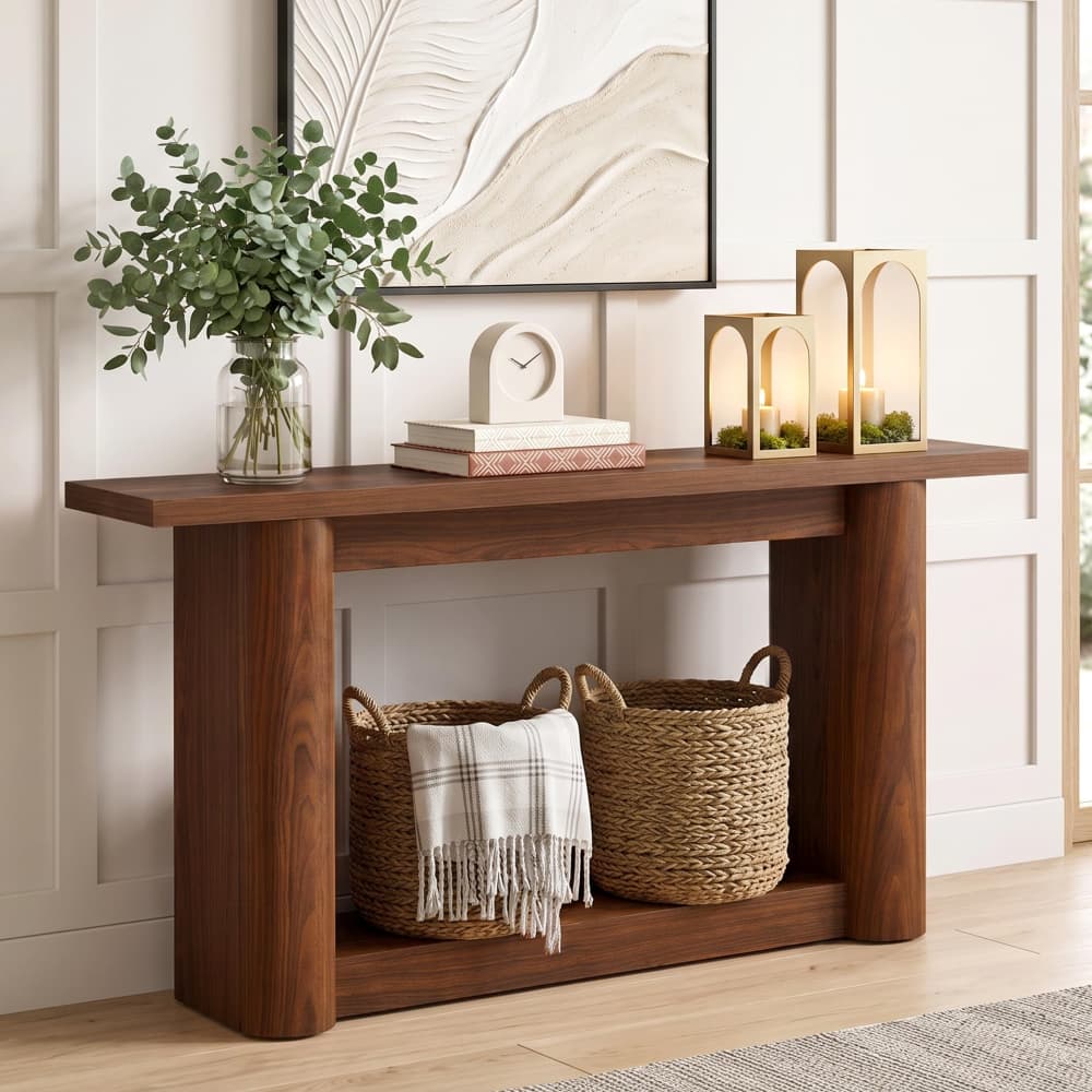 Walnut 63" Long Wooden 2 Tier Behind Couch Console Table with Storage and U-Shaped Base