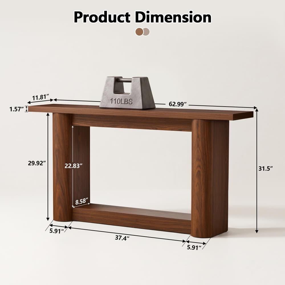 A wooden console table shown with overlaid dimension lines and measurements for width, height, and depth, plus a 110 lbs weight on top, under the heading 'Product Dimension' on a light neutral background.