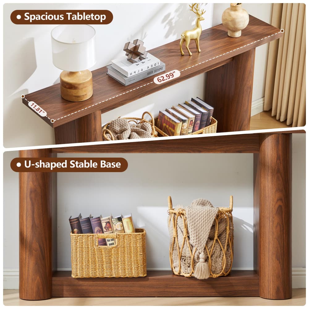 Walnut 63" Long Wooden 2 Tier Behind Couch Console Table with Storage and U-Shaped Base