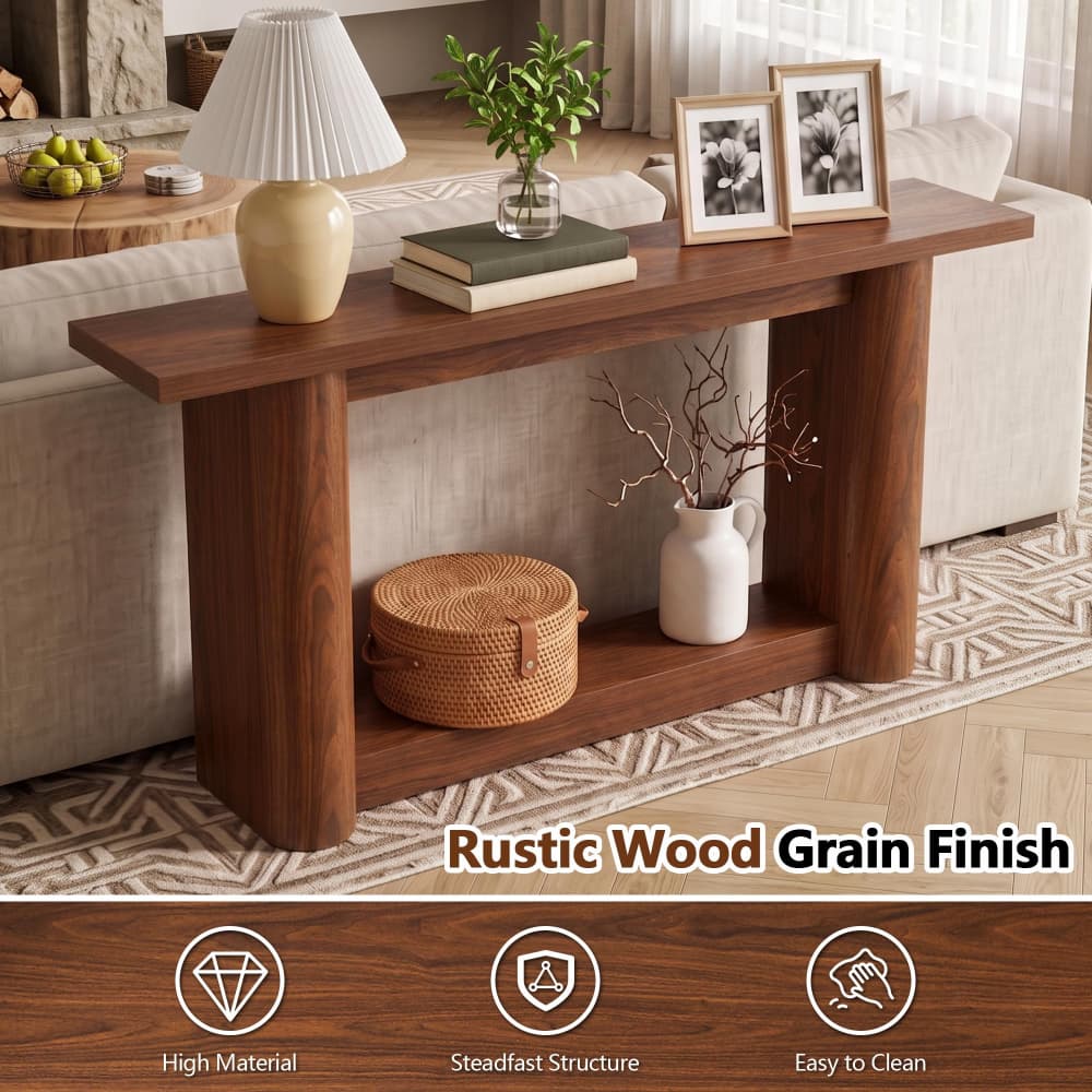 Walnut 63" Long Wooden 2 Tier Behind Couch Console Table with Storage and U-Shaped Base