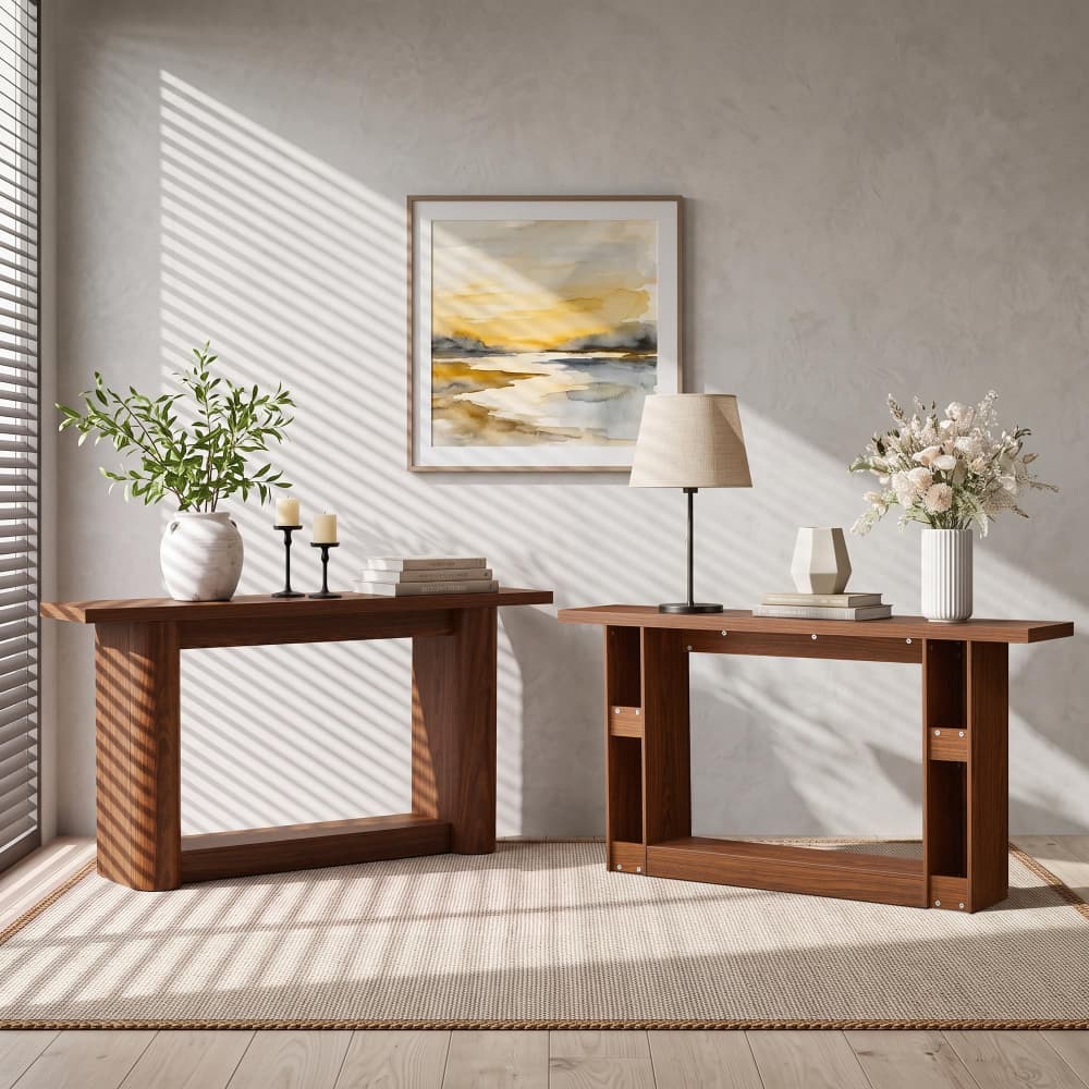 Two mid-century modern wooden console tables in a warm medium brown finish, styled in a bright room with diagonal window shadows. One table holds a white vase with green leaves and candles, while the other holds a table lamp, books, and a white vase with white flowers.