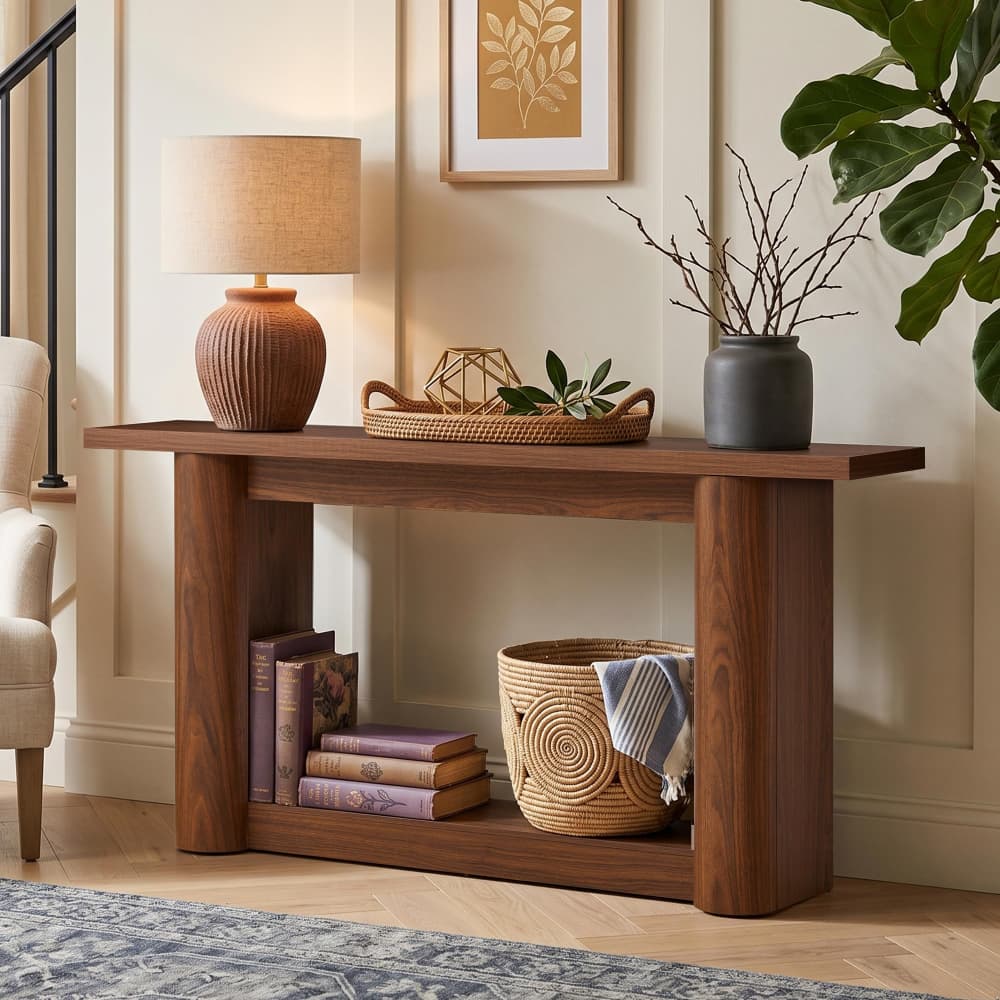 A mid-century modern wooden console table styled in a warm, neutral-toned living room setting with a lamp, books, and decorative baskets.