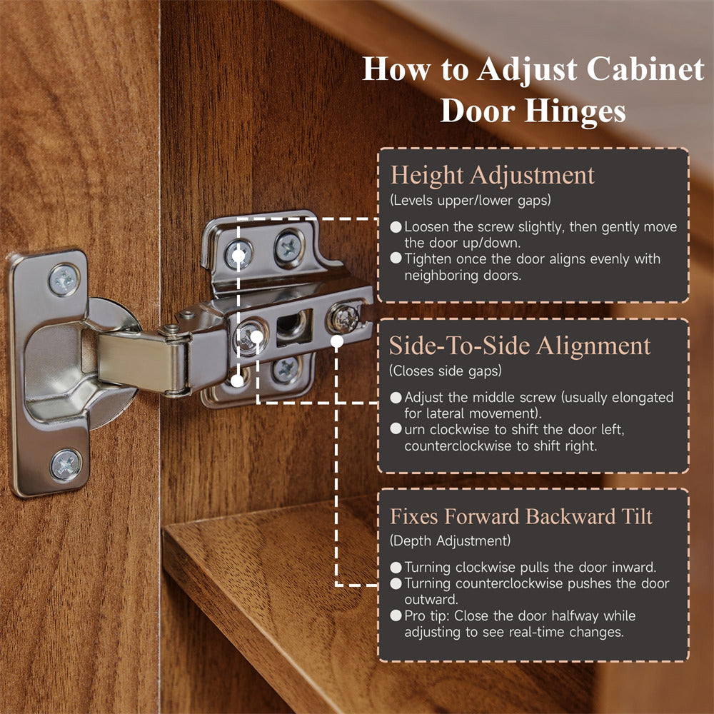 Cabinet door hinge with instructions on how to adjust it