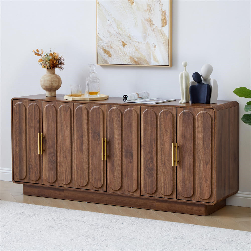 Wooden sideboard with decorative items in a room setting