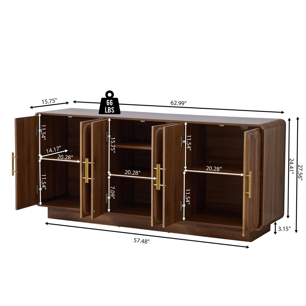 Walnut 63" Modern Storage Cabinet Wooden Sideboard Arched Credenza with with 6 Doors