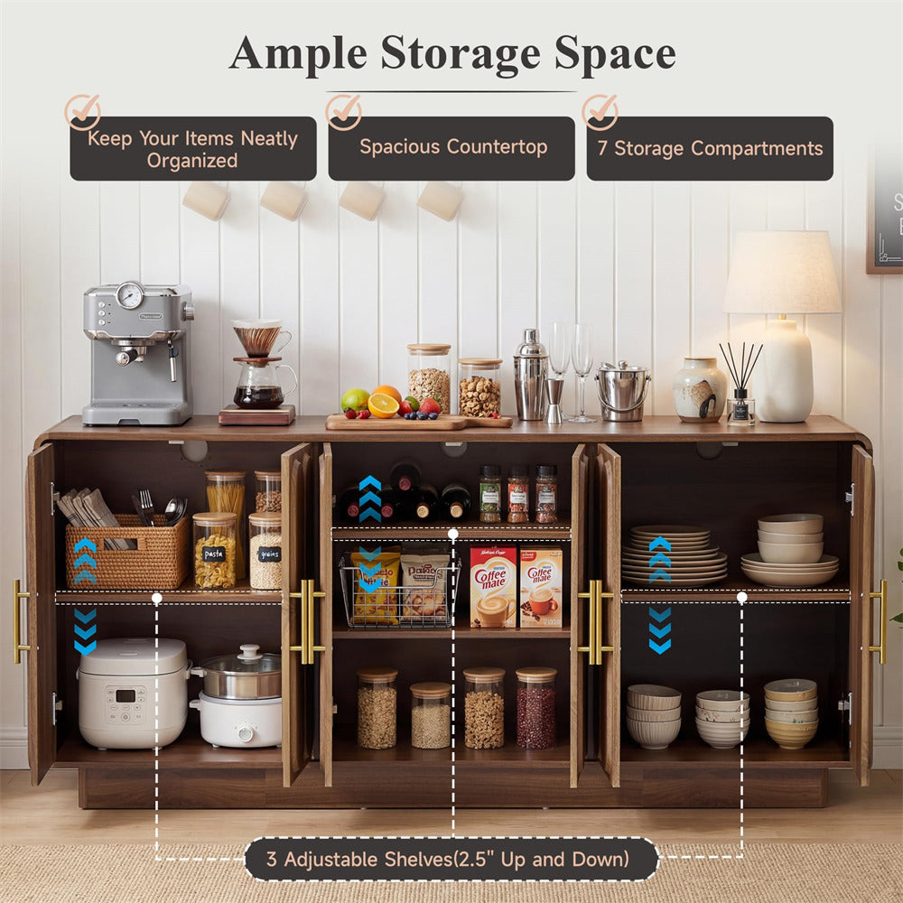 Wooden kitchen cabinet with open doors displaying various kitchen items, labeled for storage compartments and organization.