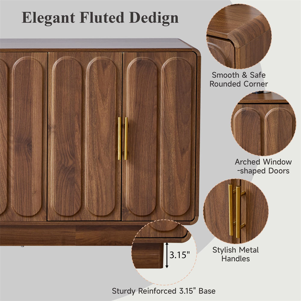 Wooden cabinet with fluted design, rounded corners, arched window-shaped doors, and stylish metal handles on a light gray background.