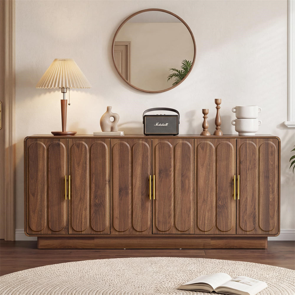 Wooden sideboard with decorative items in a living room setting
