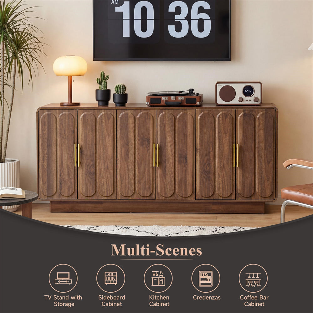 Wooden sideboard with decorative items and a digital clock above it, with text 'Multi-Scenes' and icons below.