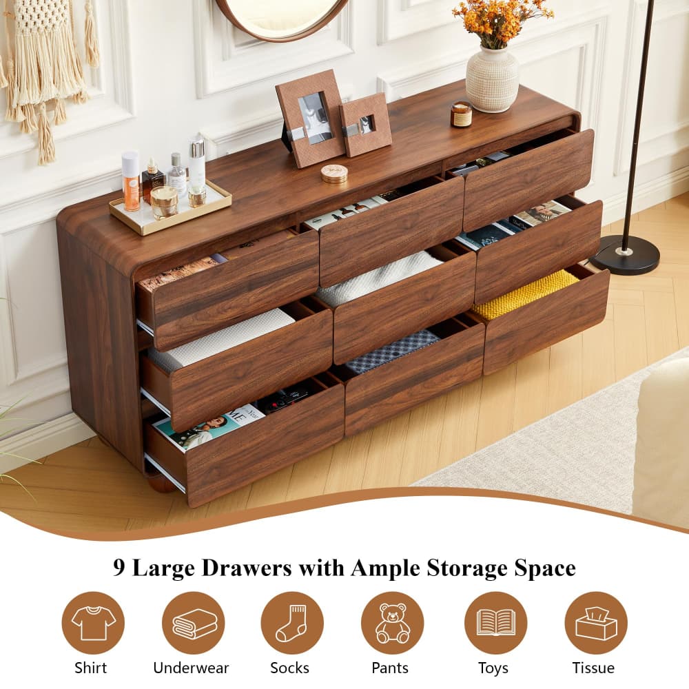 Walnut 63" Wide Modern Wooden 9 Drawer Dresser with Curved Profile Design
