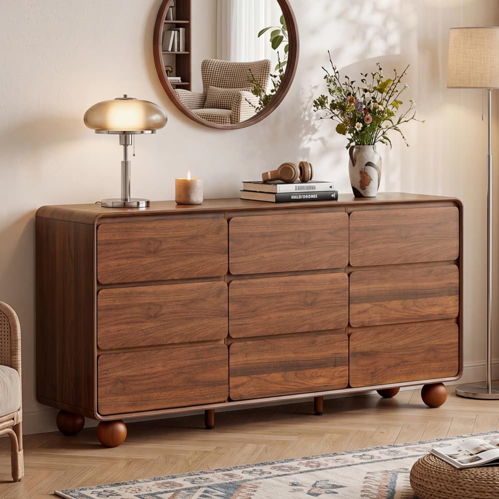 Walnut 63" Wide Modern Wooden 9 Drawer Dresser with Curved Profile Design