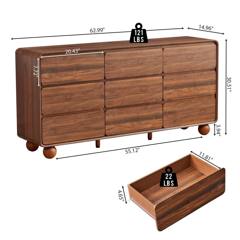 Wooden six-drawer dresser shown on a white background with overlaid dimension lines, weight labels, and a separate inset showing the interior drawer space.
