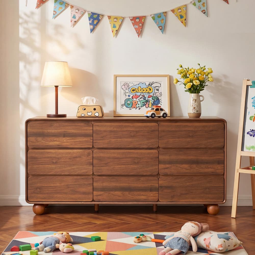 A medium brown wooden dresser with six drawers stands in a child's room setting. The dresser is styled with a table lamp, a tissue box, a framed picture, a small toy car, and a vase of yellow flowers on top.