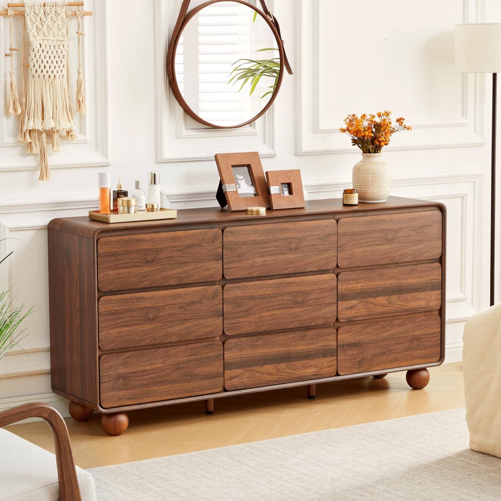 Walnut 63" Wide Modern Wooden 9 Drawer Dresser with Curved Profile Design
