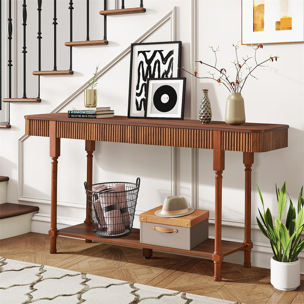 Wooden 63" console table with decorative items in a home setting