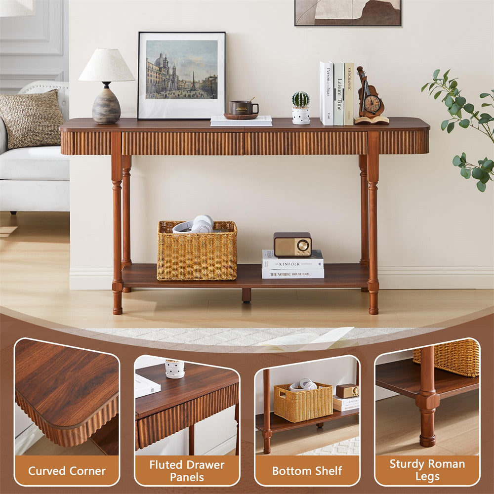 Wooden 63" console table with decorative items in a living room setting