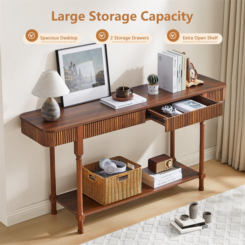 Wooden desk with storage drawers and shelves in a room setting