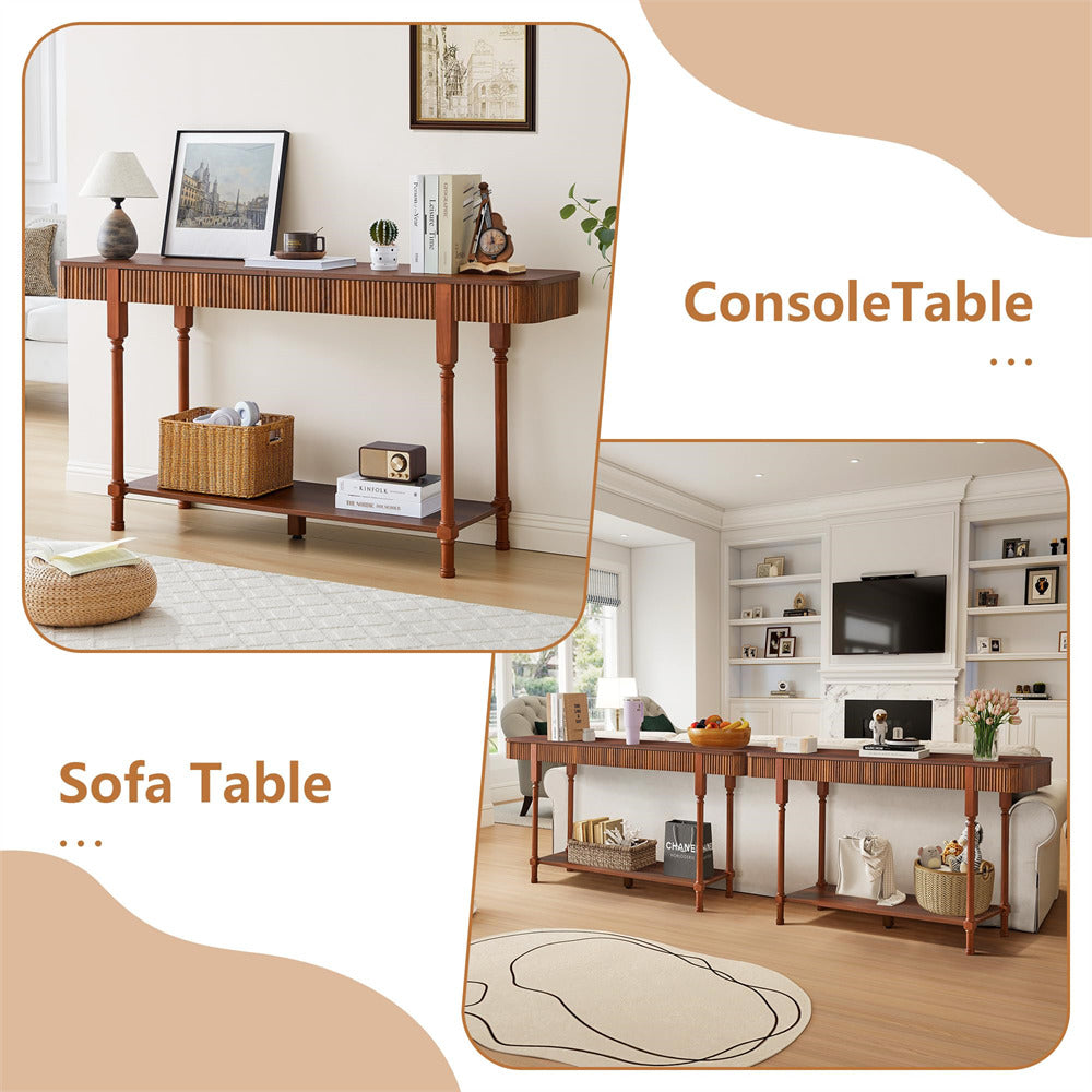 63" Console table and sofa table in a living room setting with decorative items.
