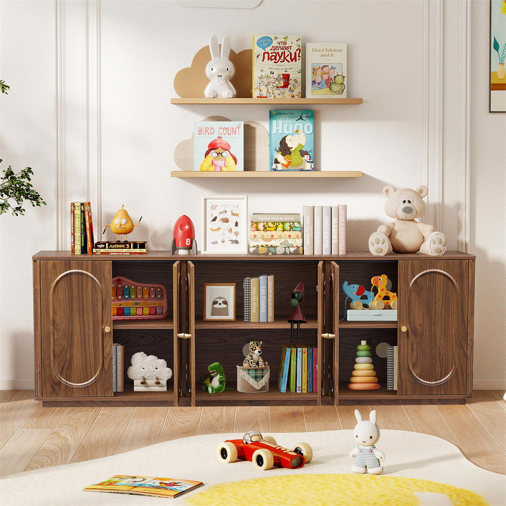 Wooden children's bookshelf with toys and books in a room.