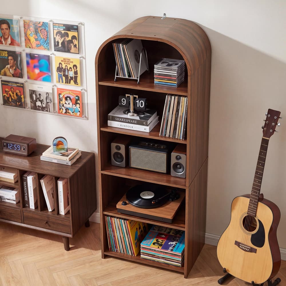 Walnut 63'' Tall 5 Tier Large Record Player Stand Storage Cabinet with Adjustable Shelves