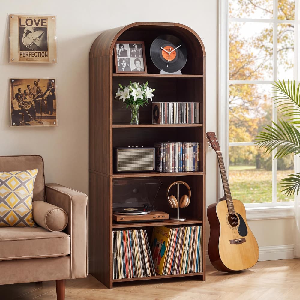 Walnut 63'' Tall 5 Tier Large Record Player Stand Storage Cabinet with Adjustable Shelves